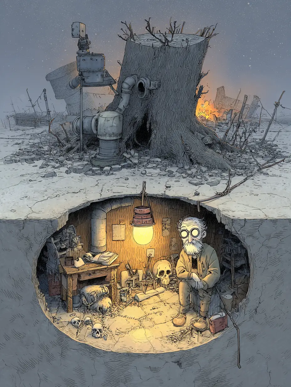 Vieux ermite avec lanterne dans un désert brumeux en ruines