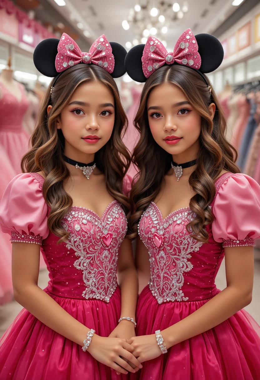 Dois meninos jovens com vestidos rosas da Minnie em loja da Disney