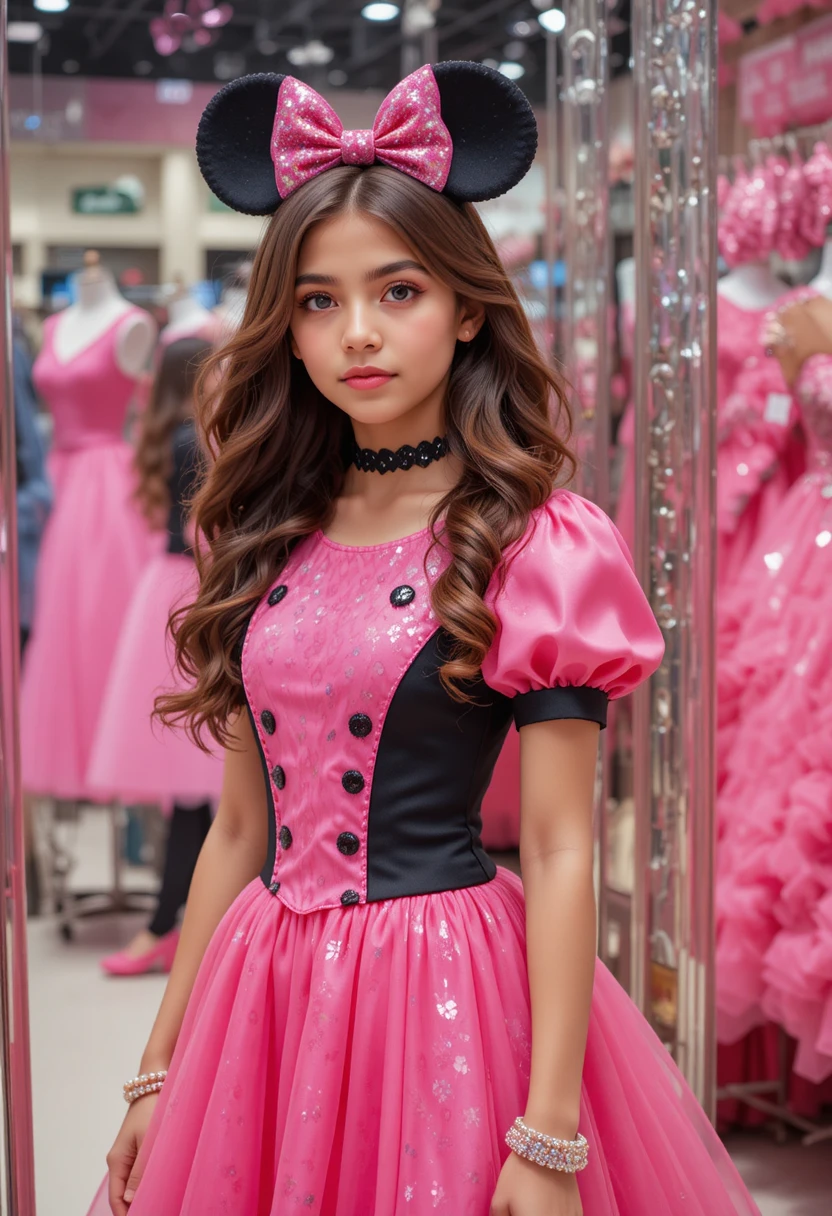 Menina admira a si mesma no espelho da loja com vestido rosa da Minnie