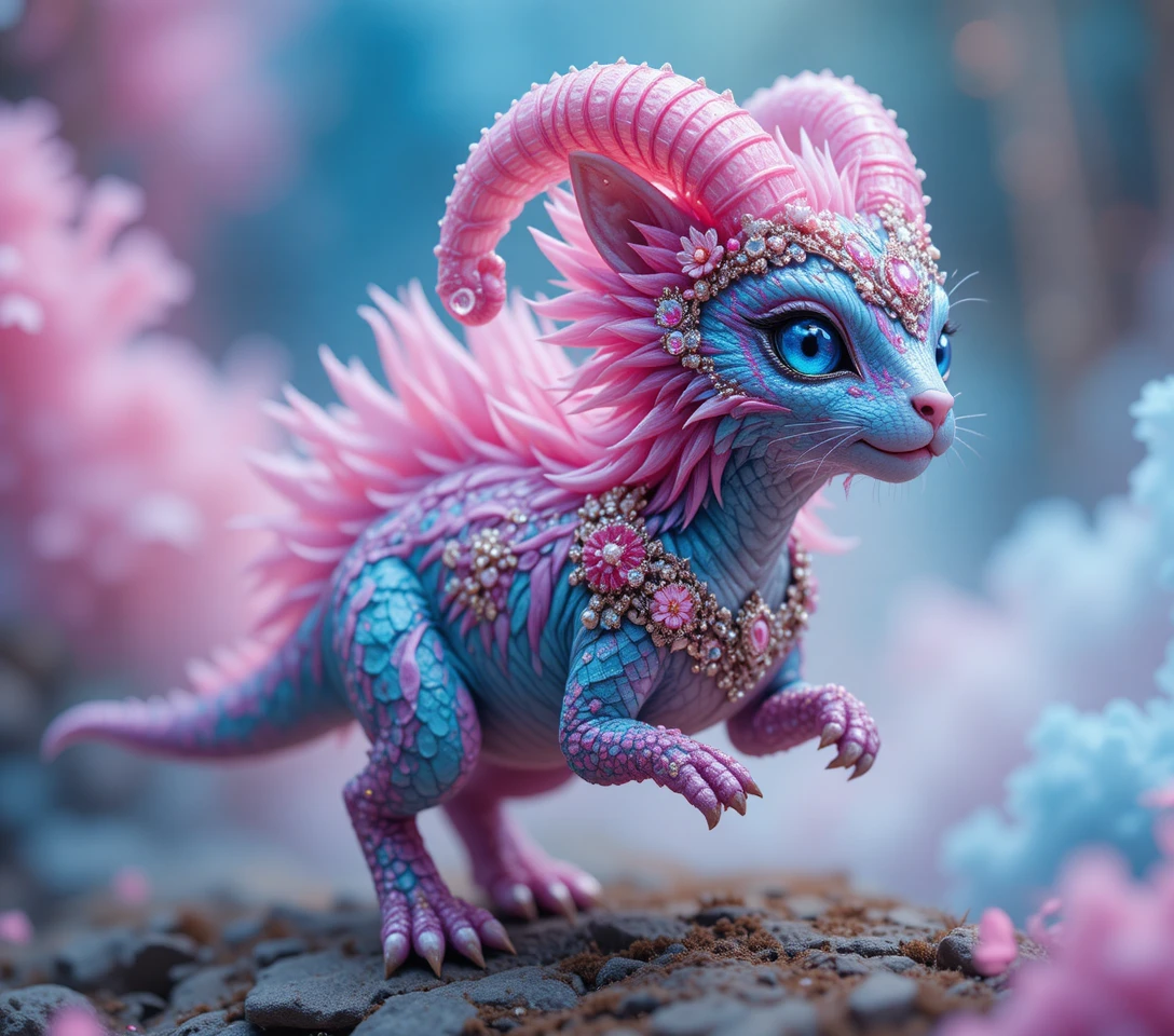 Créature fantastique colorée courant dans un paysage onirique pastel