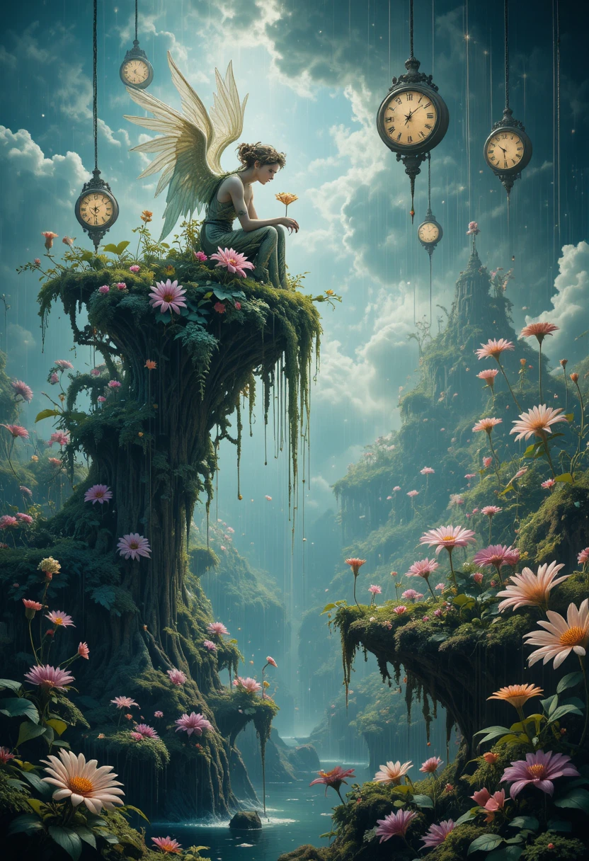 Anjo élfico em nuvem brilhante regando a terra