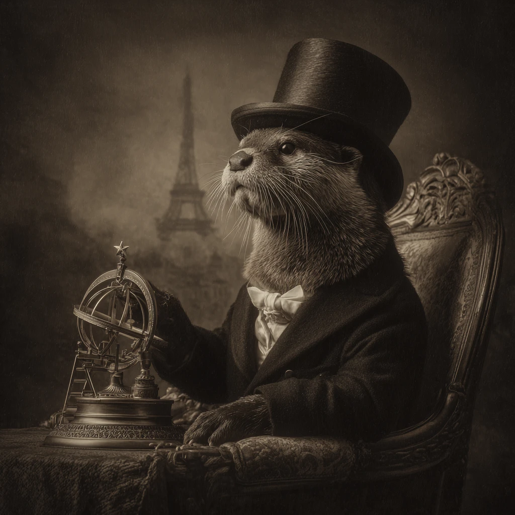 Anthropomorpher Otter in viktorianischer Kleidung mit himmlischem Orrery