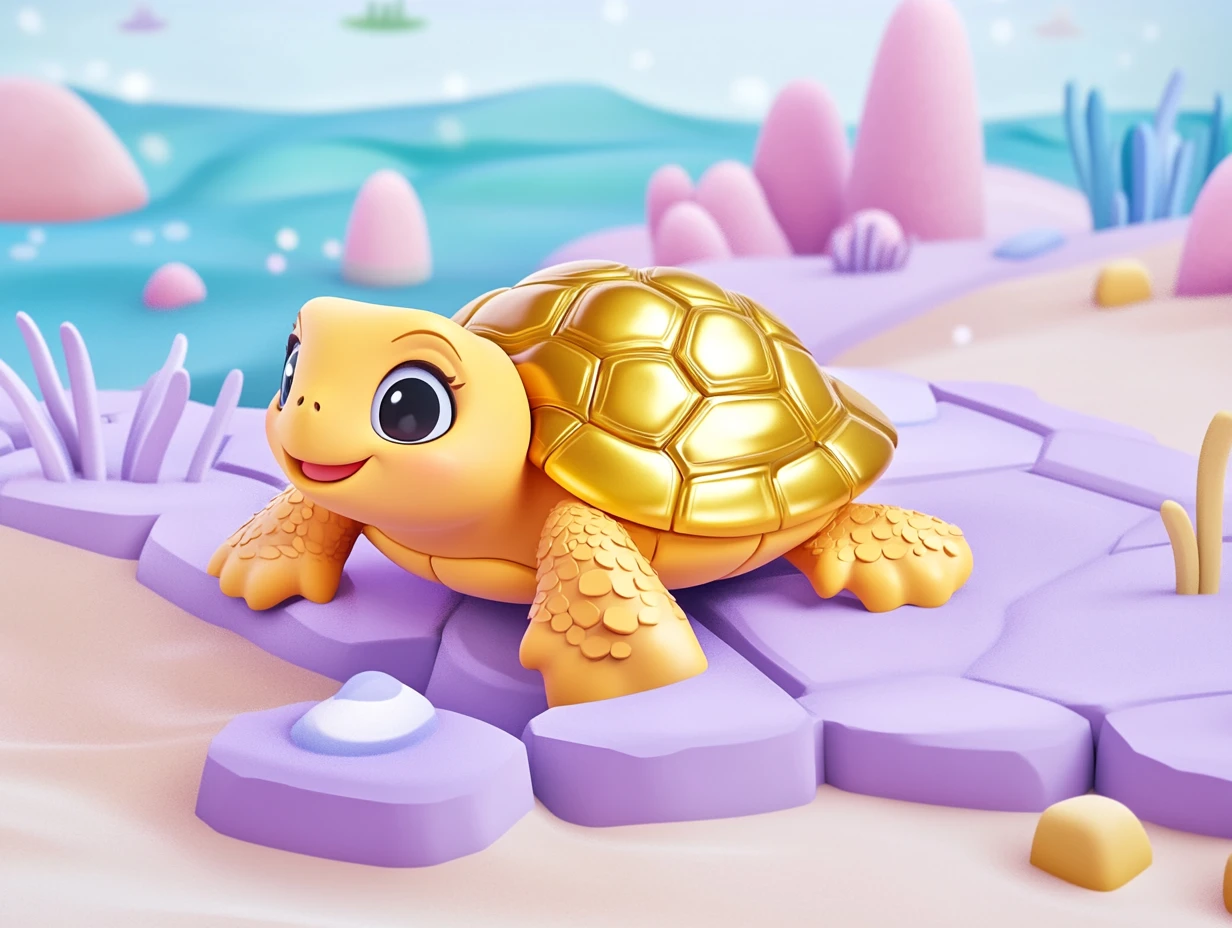 Dolce tartaruga 3D in stile cartoon che vaga felice nel suo habitat
