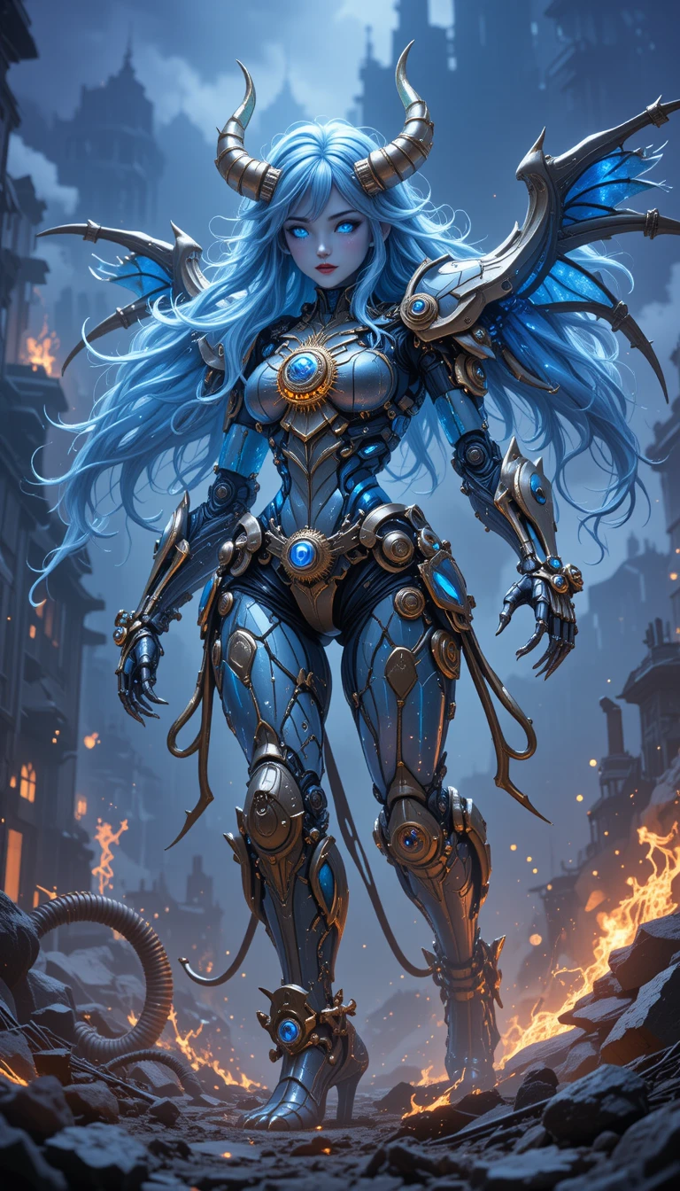 Biomechanical crystal horned queen in shattered steampunk ruins