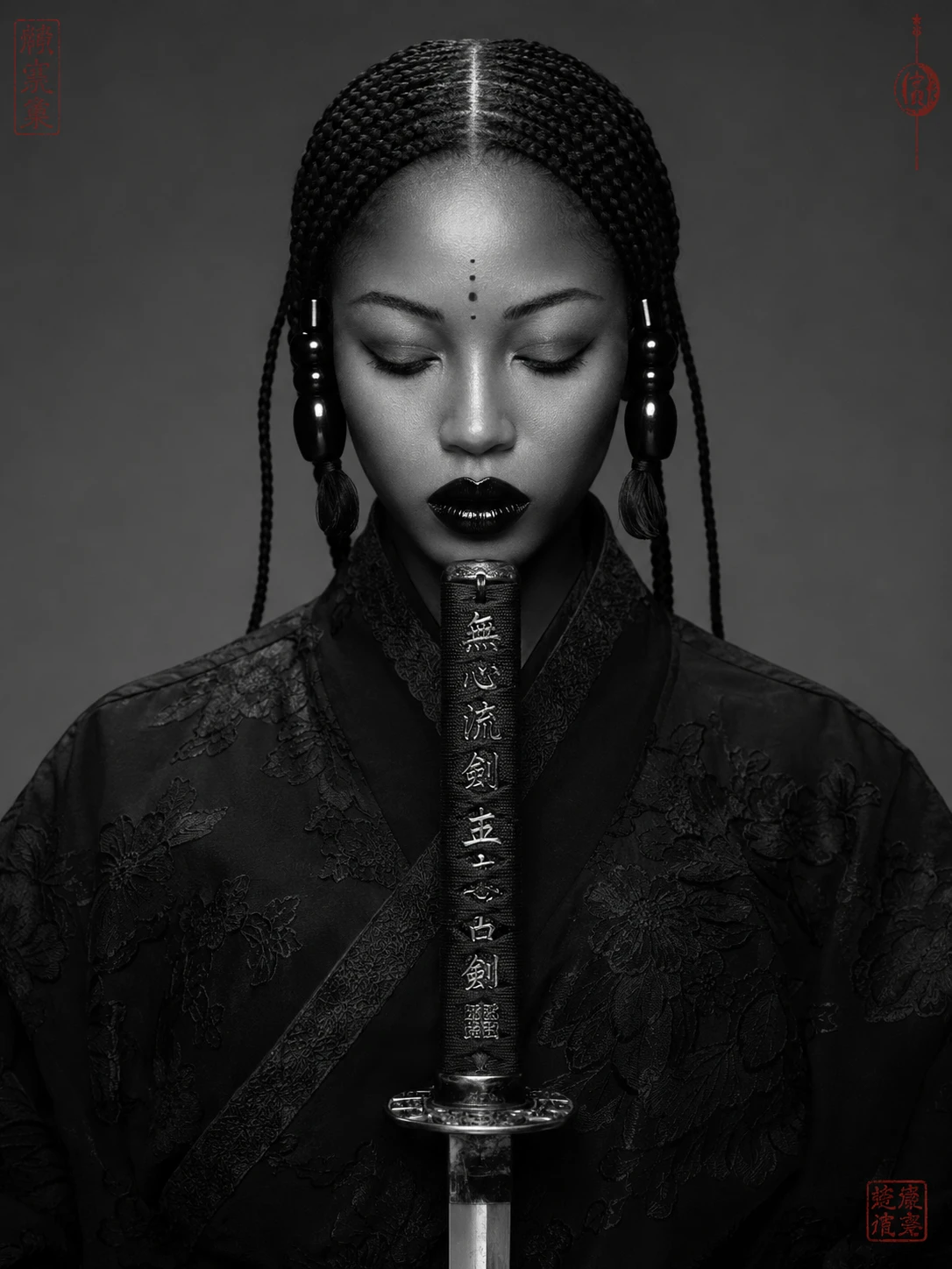 Retrato sereno de uma mulher afro-japonesa com katana