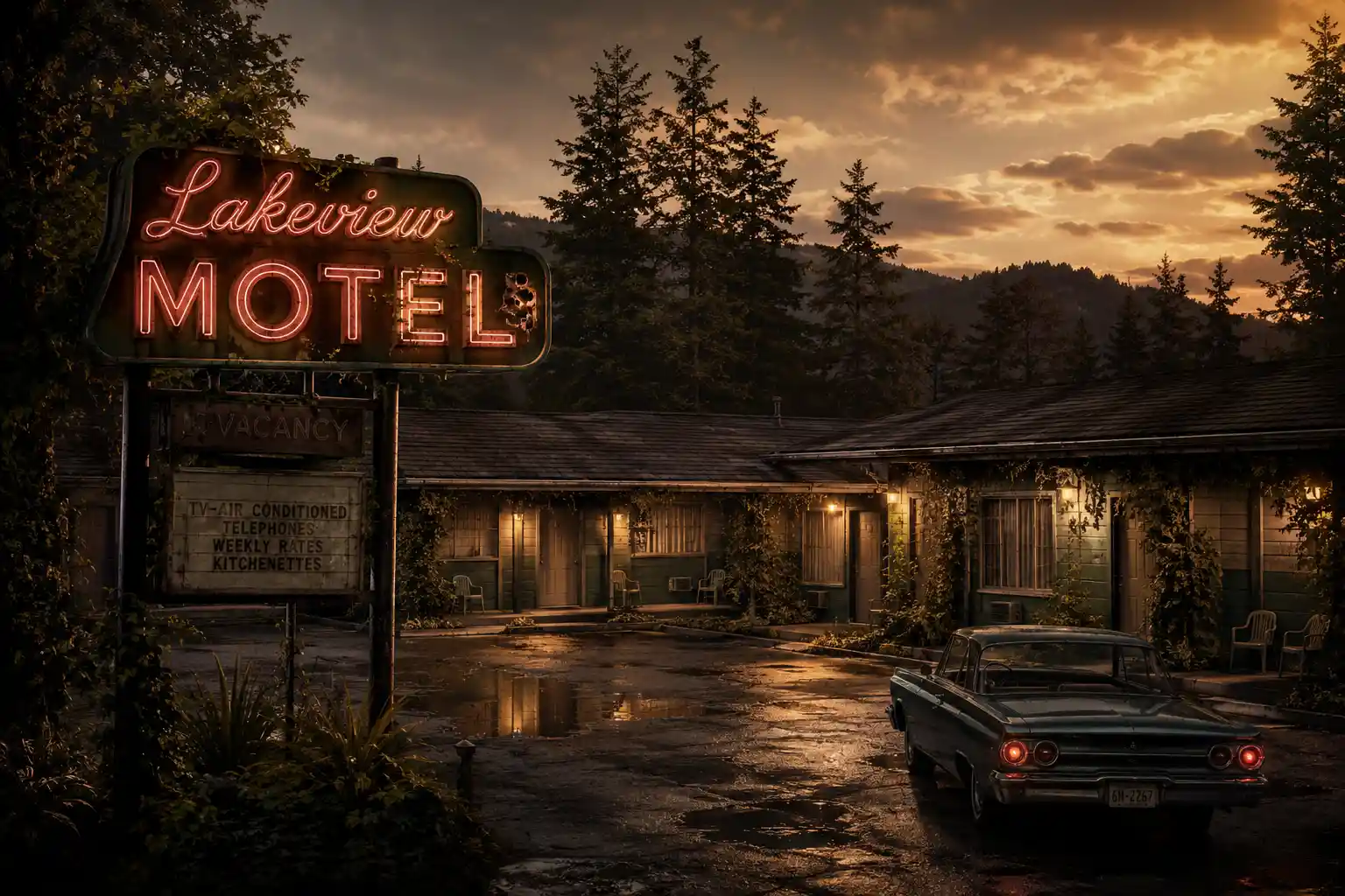 A lonely lakeside motel in warm fading afternoon light