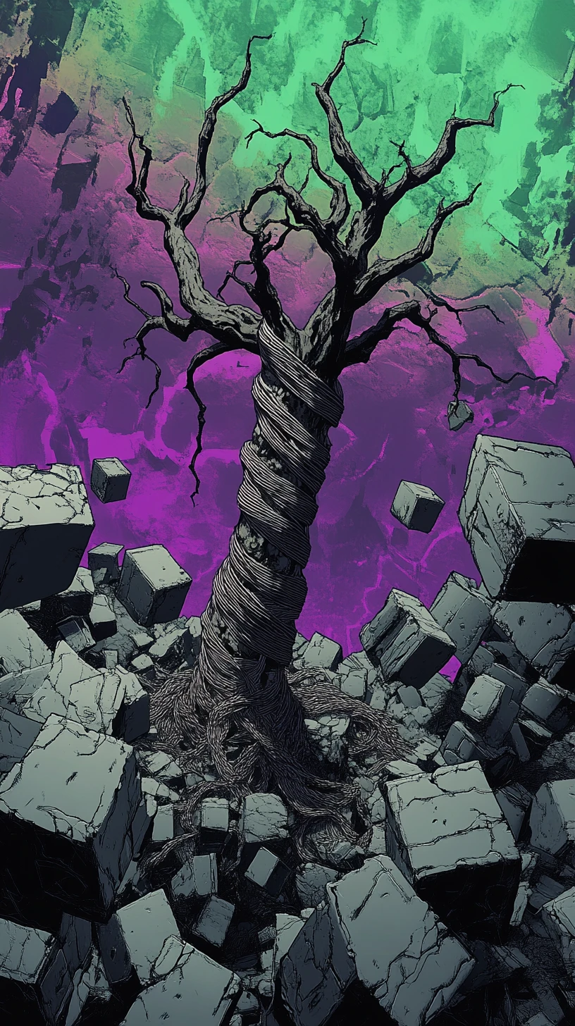 Albero morto solitario in un caotico mondo di blocchi
