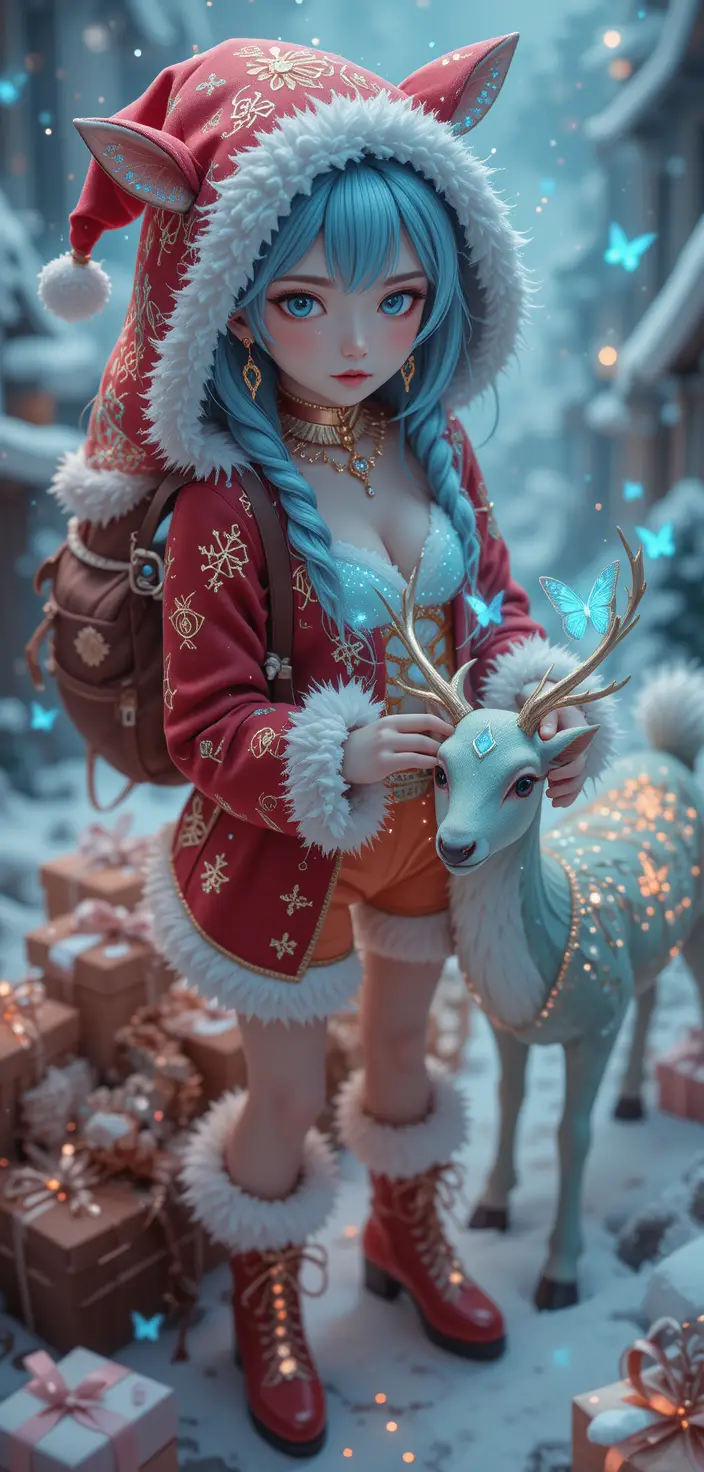 Anime reindeer girl in snowy Christmas fantasy scene