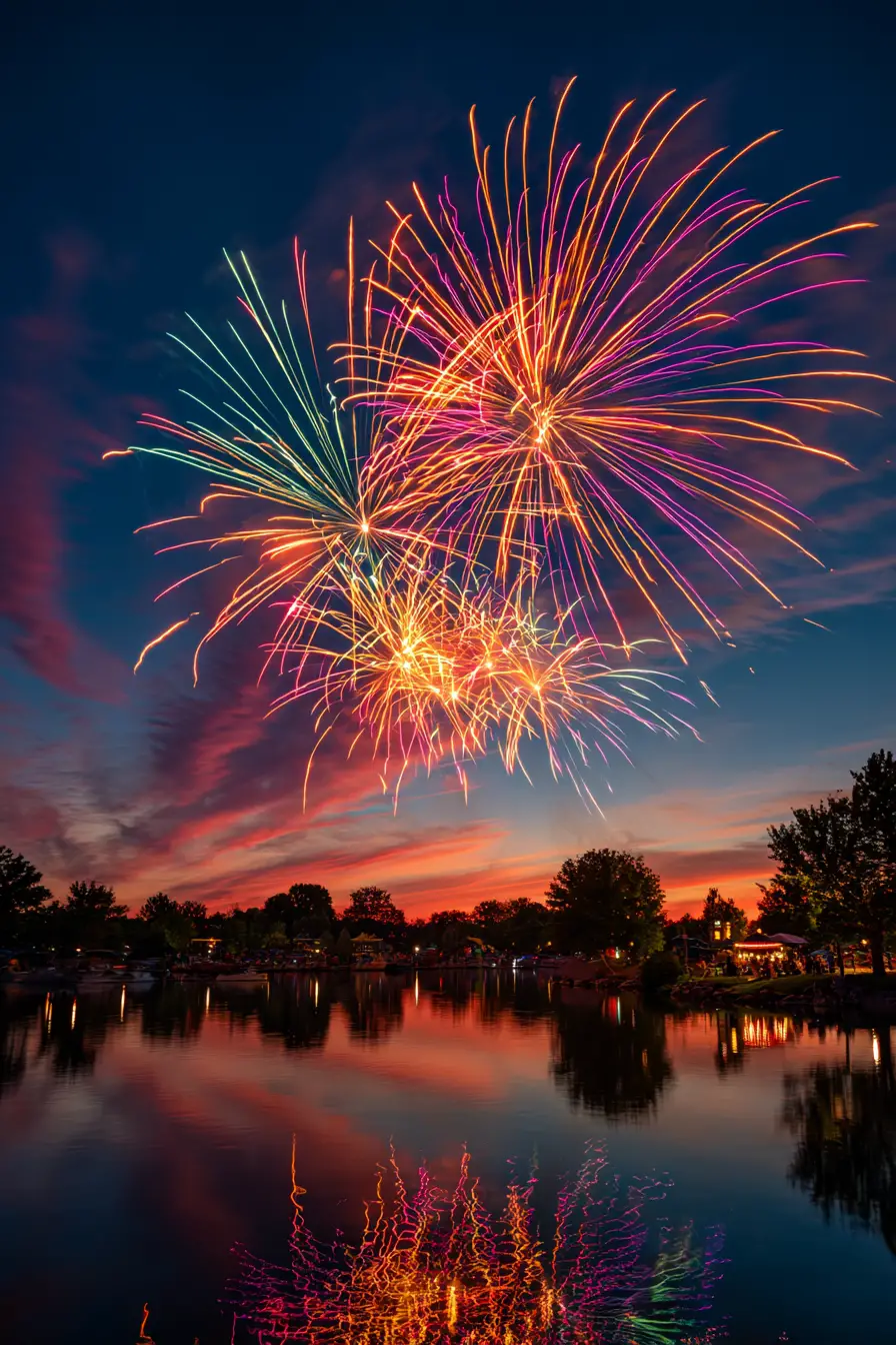 Leuchtendes Feuerwerk über einem ruhigen Sommerabendsee