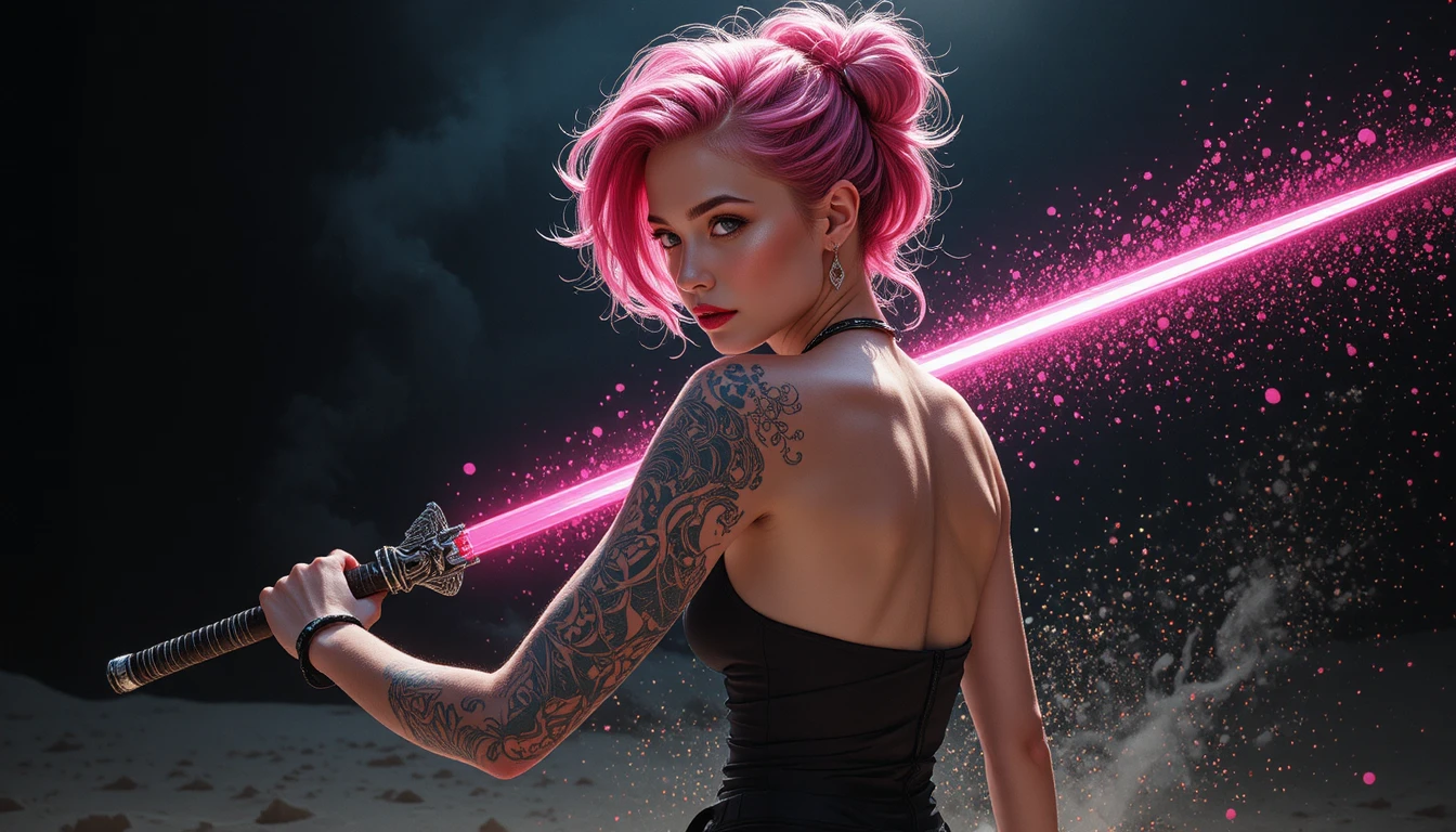 Guerriera dai capelli rosa in ginocchio con lancia luminosa
