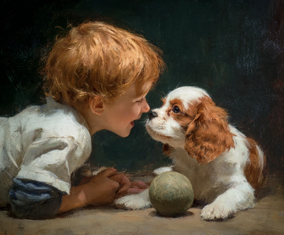 Alegres cavalier king charles spaniels brincando com um menino