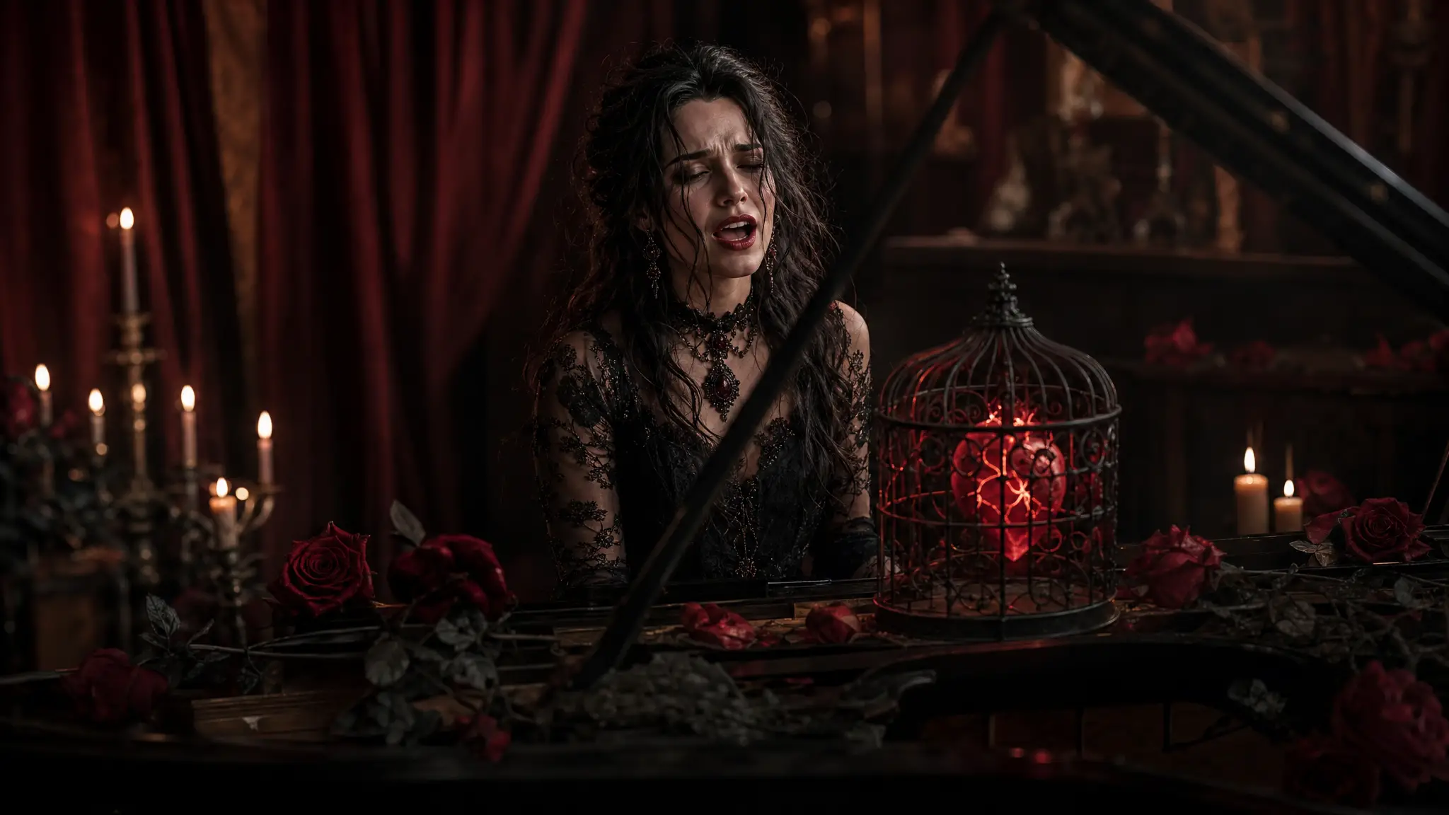 Gothic woman singing at piano to a caged glowing heart