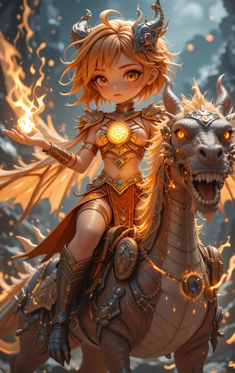 Anime warrior woman riding a glowing fantasy dragon