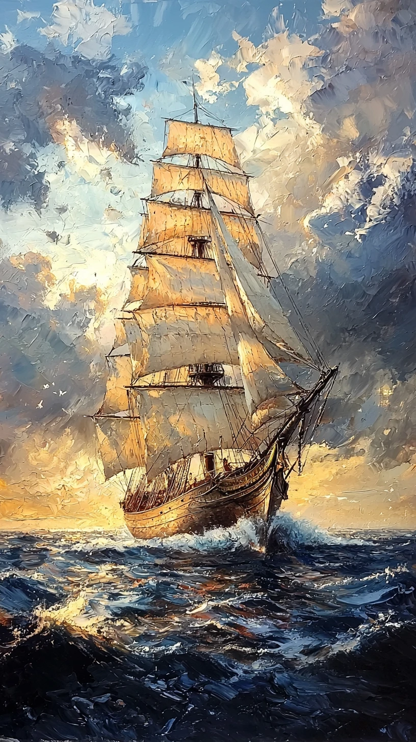 Navio alto sob nuvens luminosas em um mar dramático