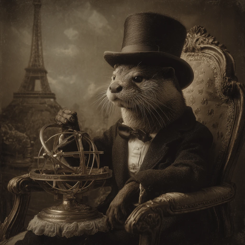 Anthropomorpher Otter-Gentleman mit Orrery im Vintage-Porträt