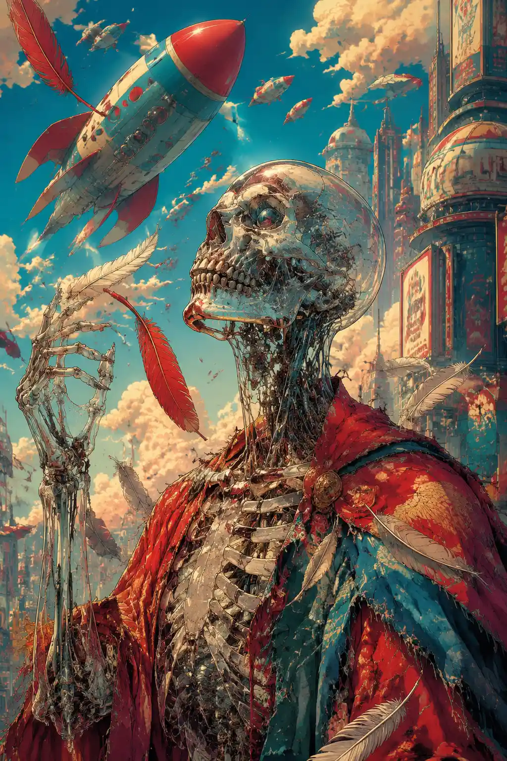 Retro futuristic zombie in a bright comic cityscape