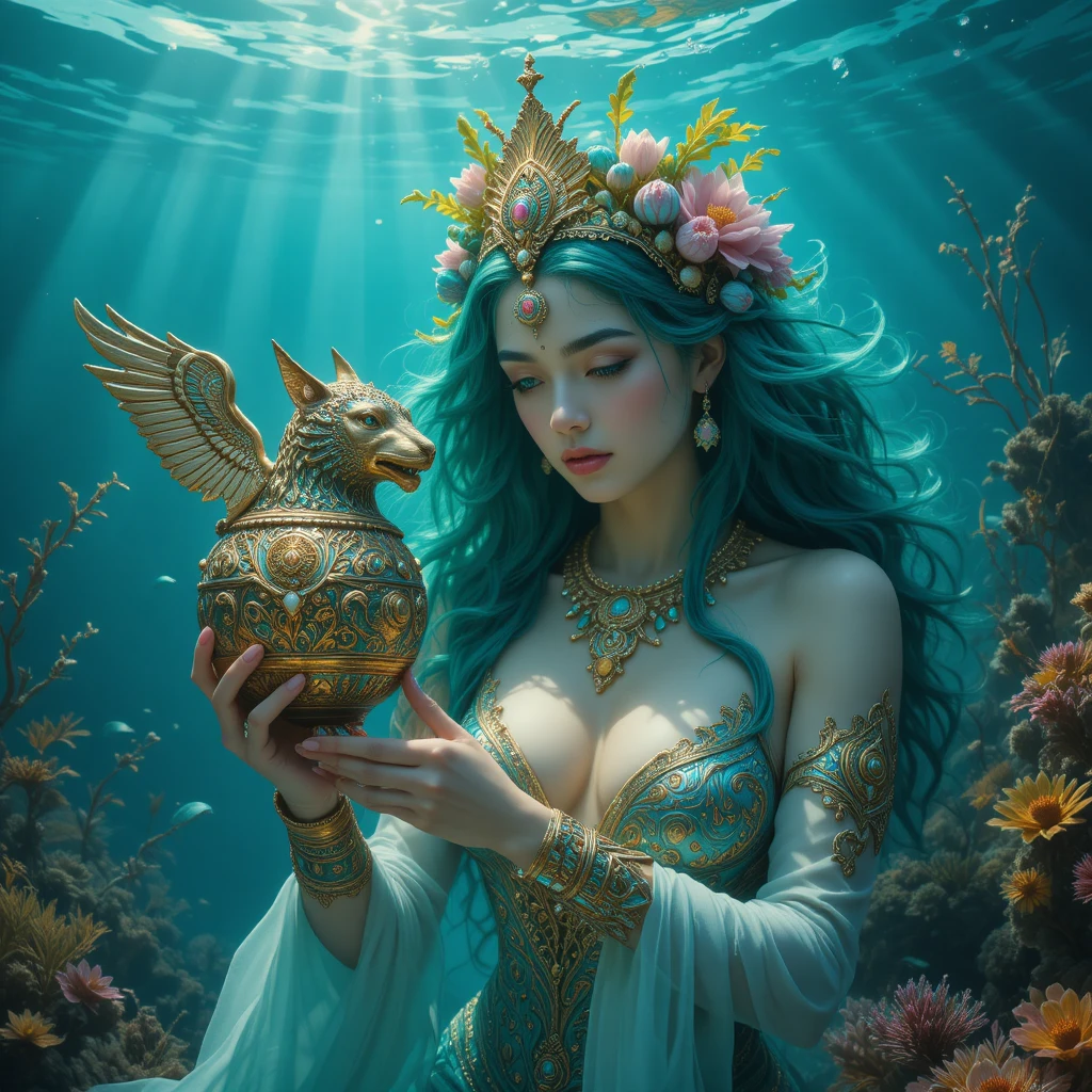 Sirène persane mystique avec ancien rhyton doré sous l’eau