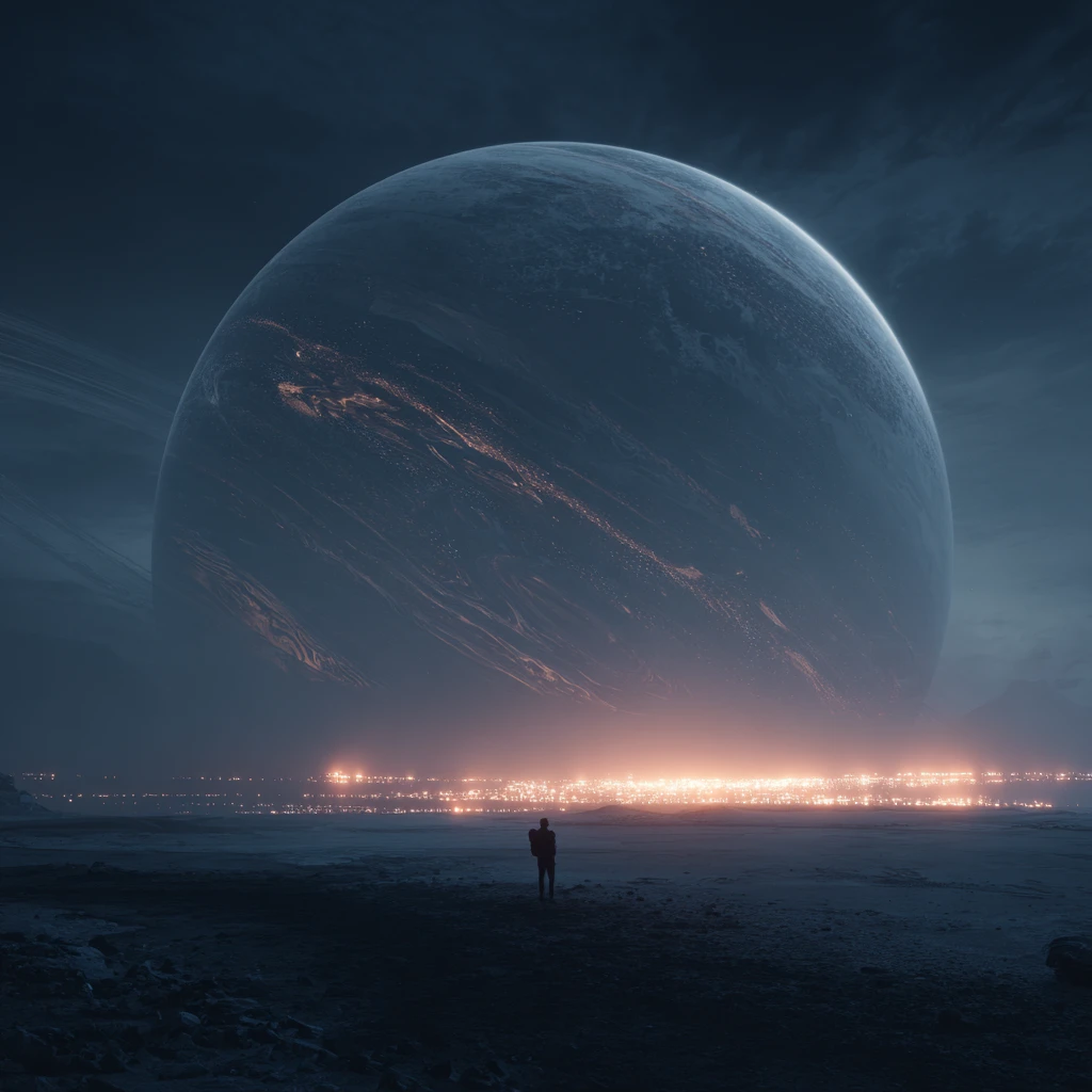 黑暗天空下巨大神祕外星行星下的孤獨身影