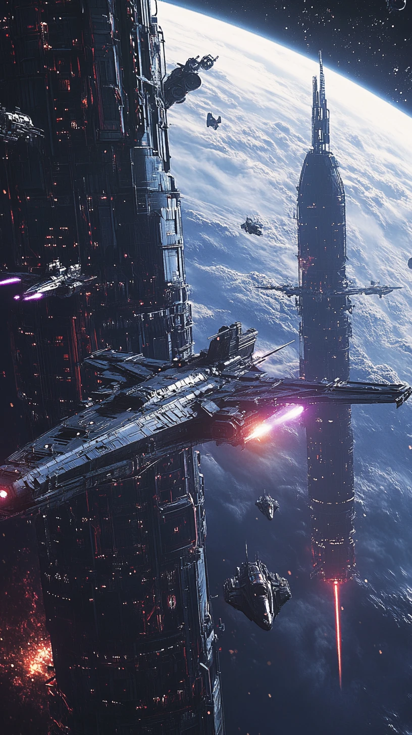 Batalla espacial de anime con enormes naves en órbita planetaria