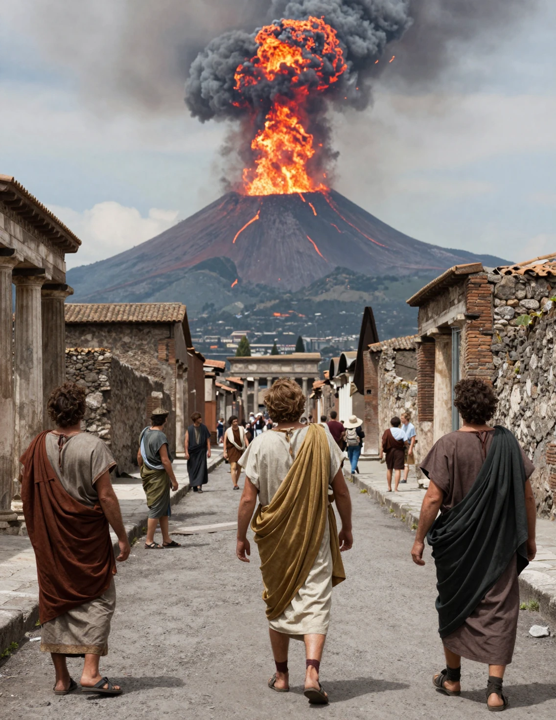 Cittadini dell’antica Pompei osservano il Vesuvio eruttare fuori dalla città