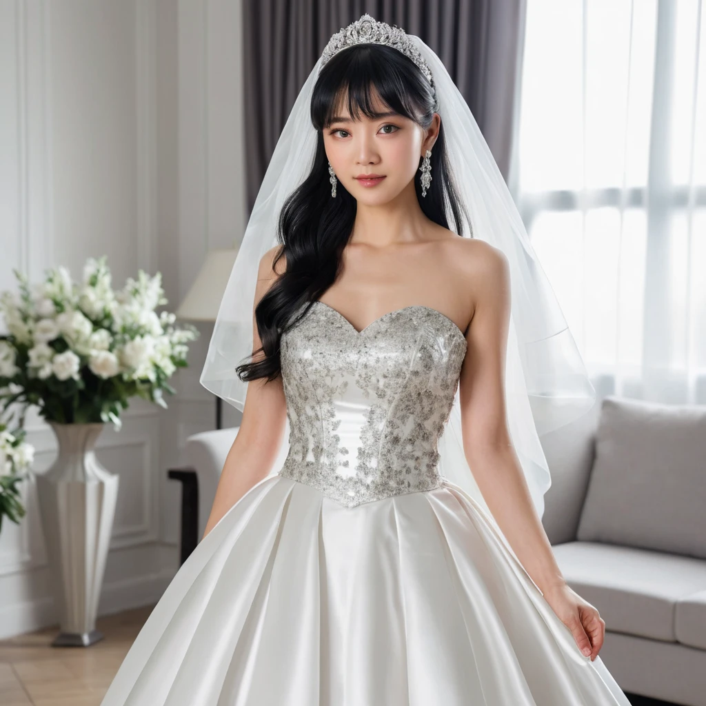 Elegante noiva japonesa em vestido de casamento de cetim branco