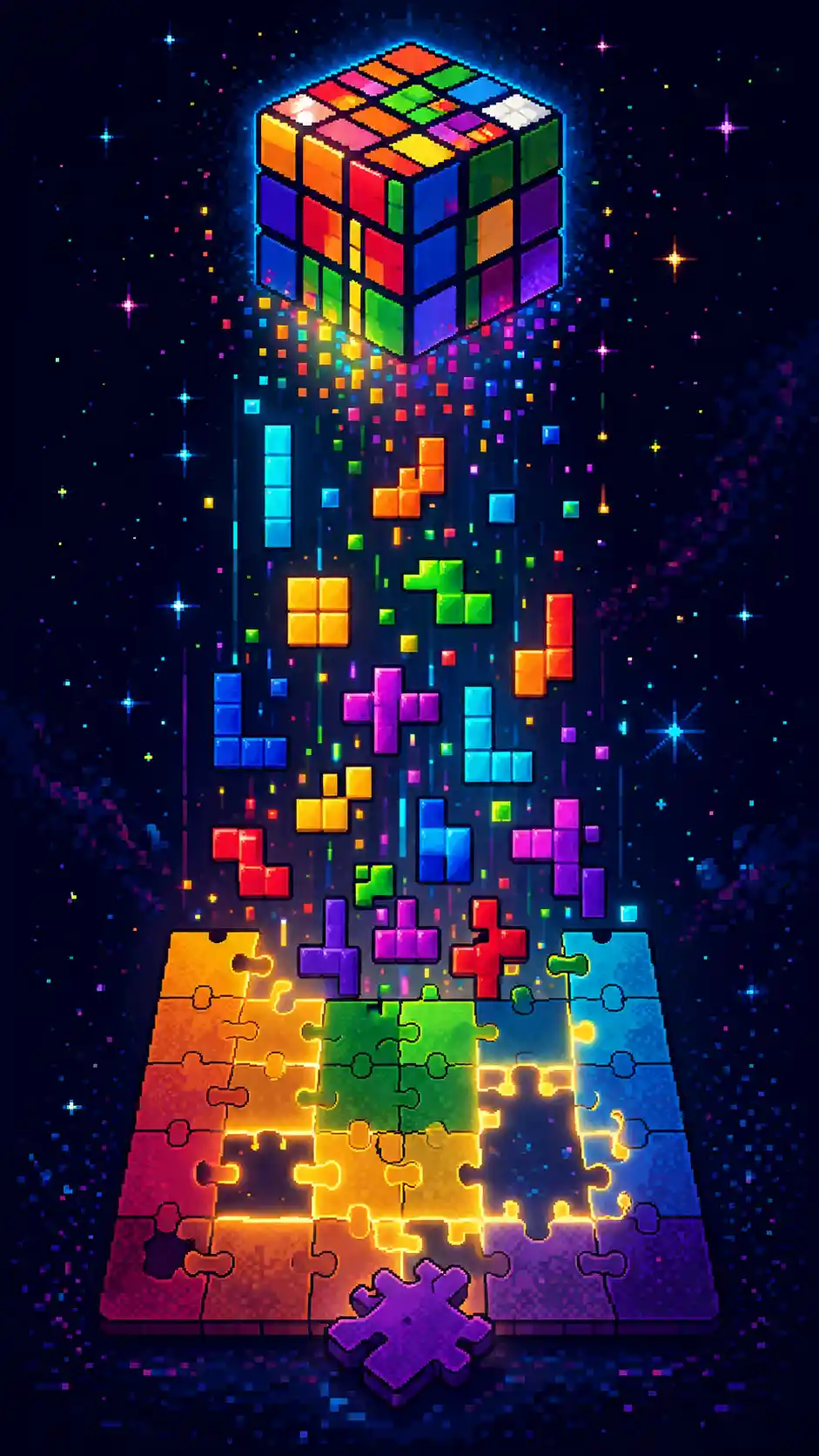 Vertical pixel art tower of classic puzzle games