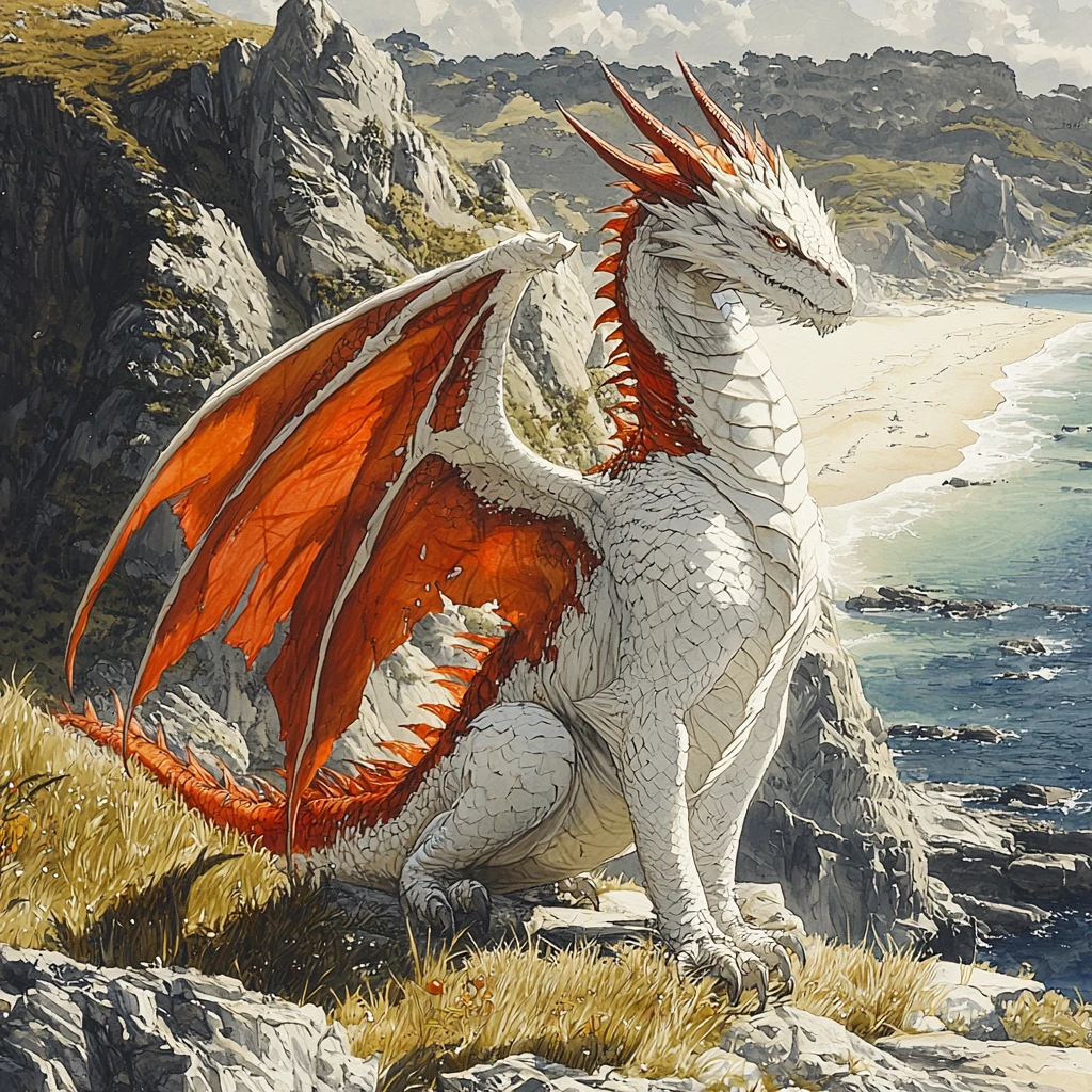 Dragón medieval rojo y blanco en la cima de una montaña cubierta de hierba