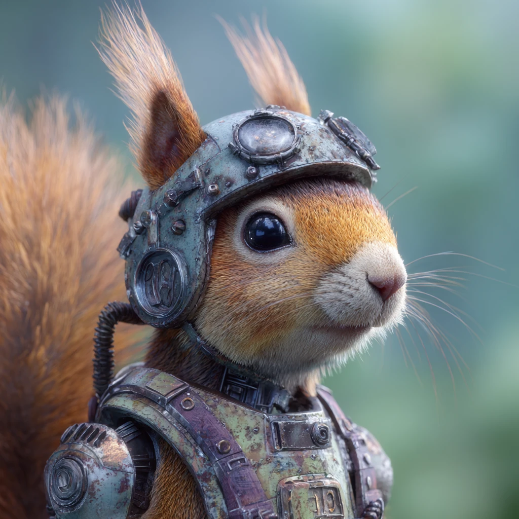 Esquilo em traje mecha futurista com cores pastéis suaves