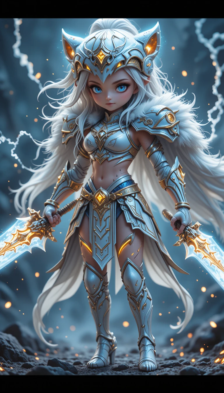 Guerriera fantasy con armatura di tigre e lame luminose