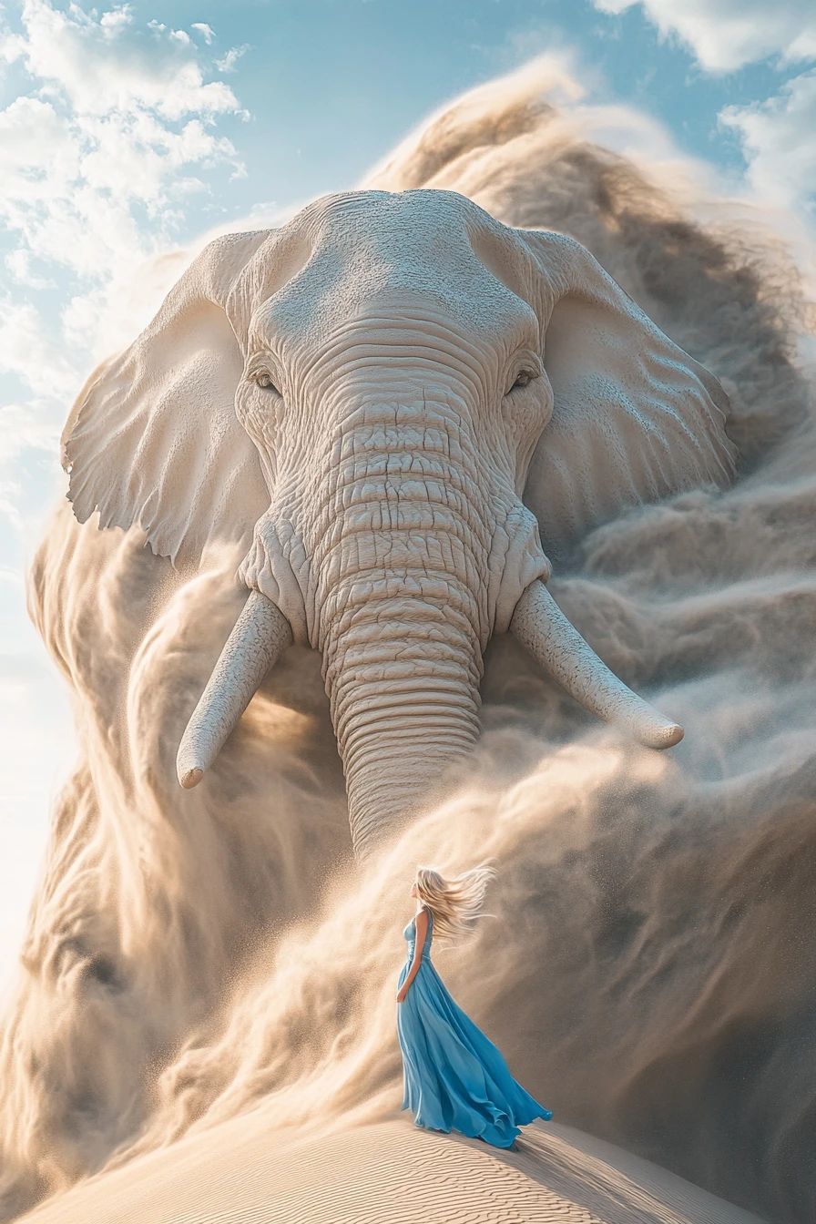 Elefante gigante surreal surgindo das areias giratórias do deserto