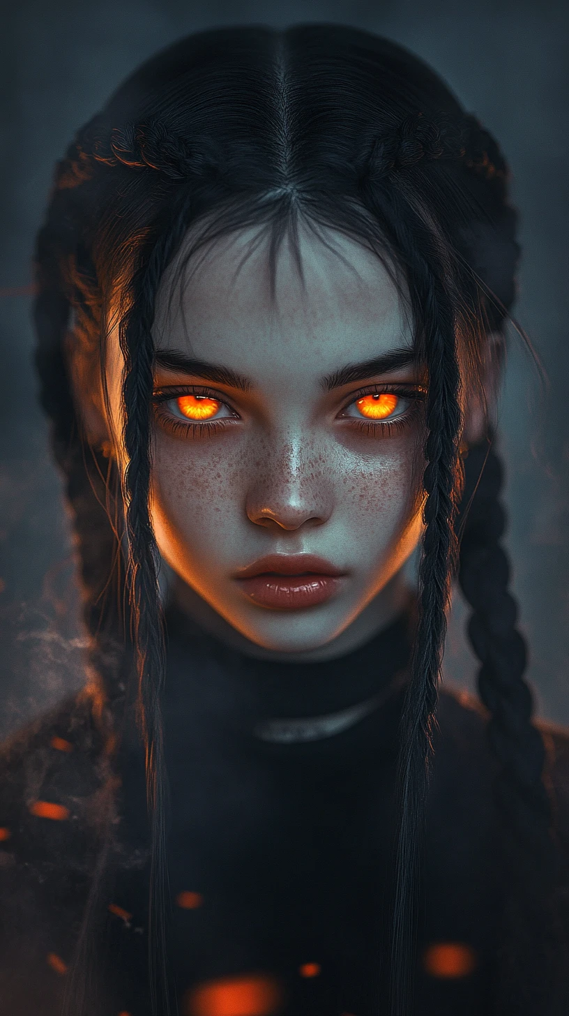 Ragazza anime gotica con occhi arancioni luminosi nella nebbia