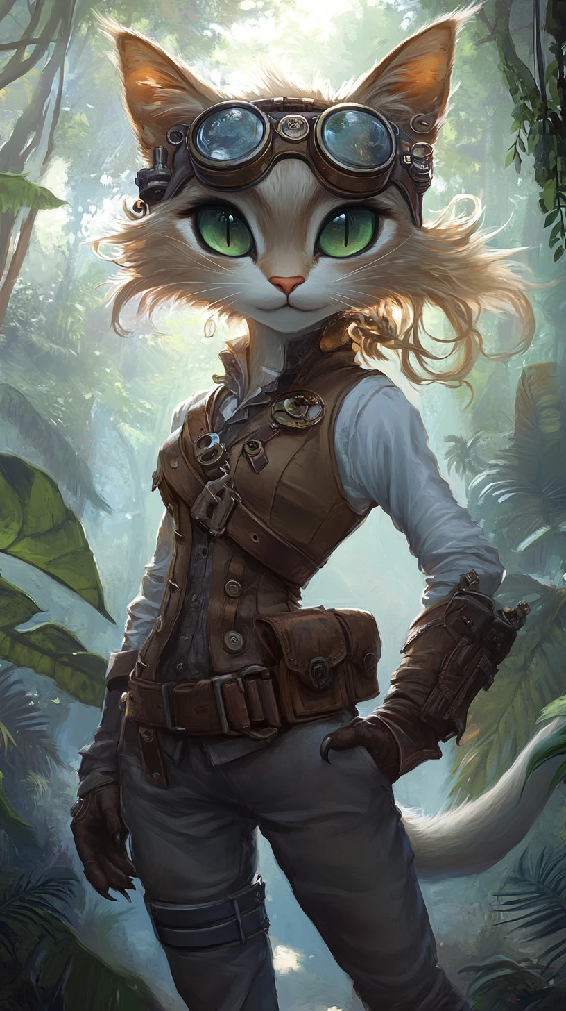 Aventureira gata steampunk em uma selva enevoada