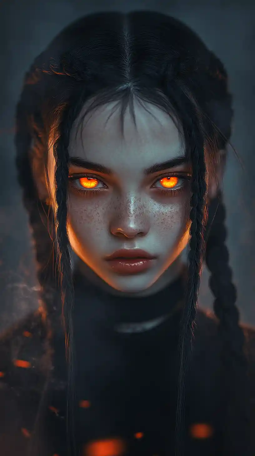 Ragazza anime gotica con occhi arancioni luminosi nella nebbia