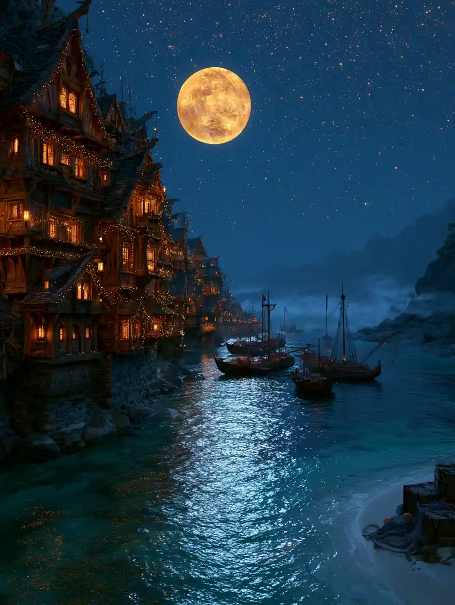 Mystical coastal fantasy village along a moonlit sea canal