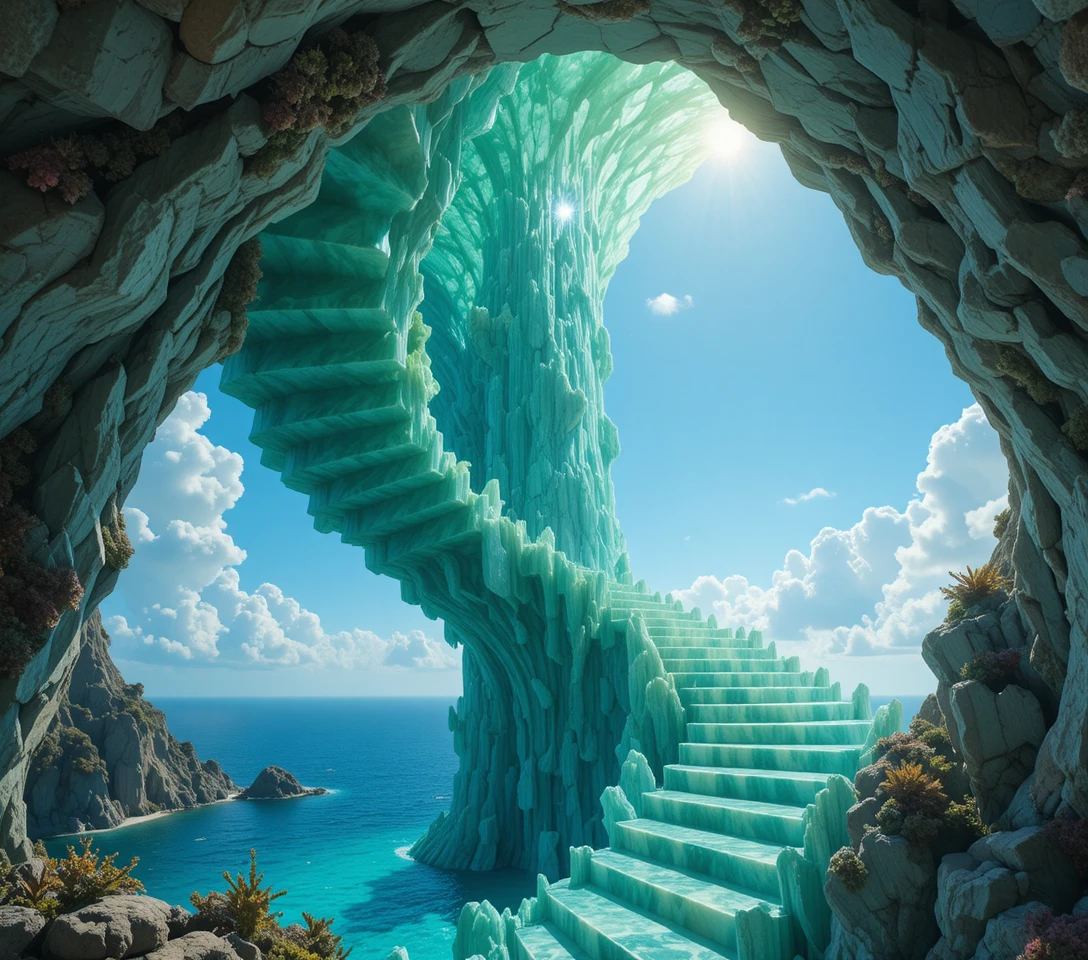 Escadaria em espiral de jade surreal sobre um recife de corais vibrante