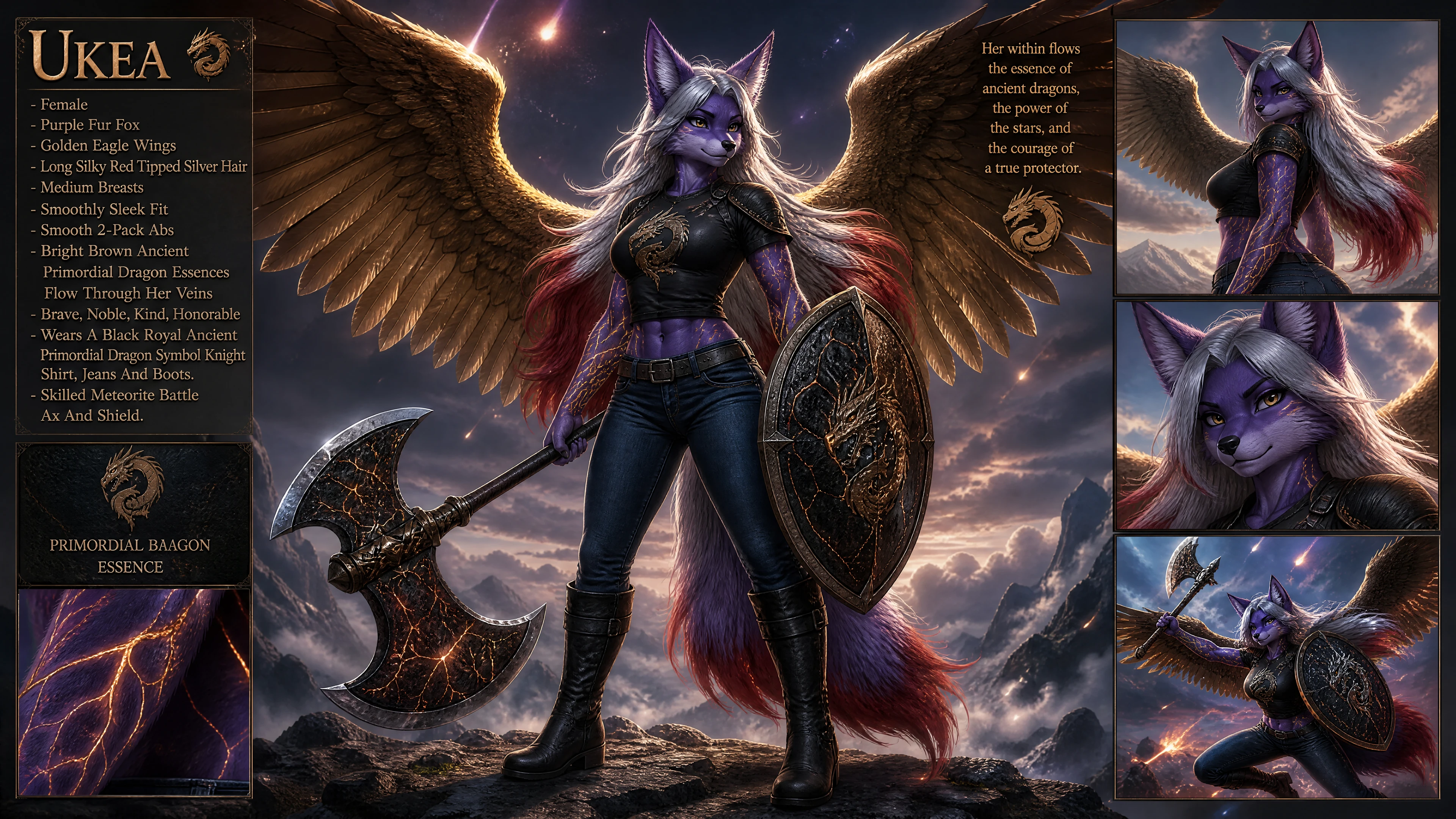 Guerrière renarde à fourrure violette en tenue de chevalier dragon