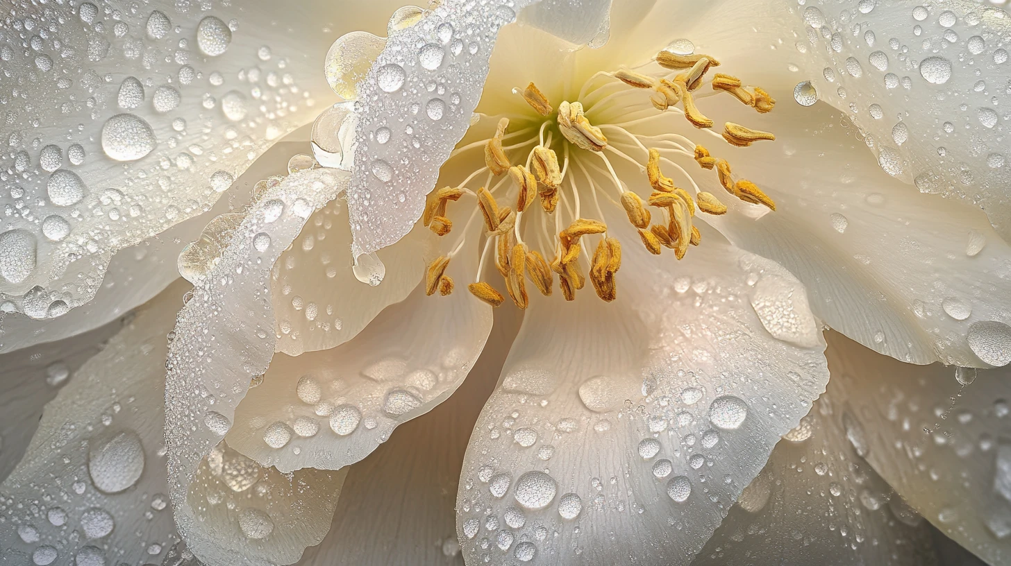 雨滴與隱藏微型花園的白色牡丹微距特寫