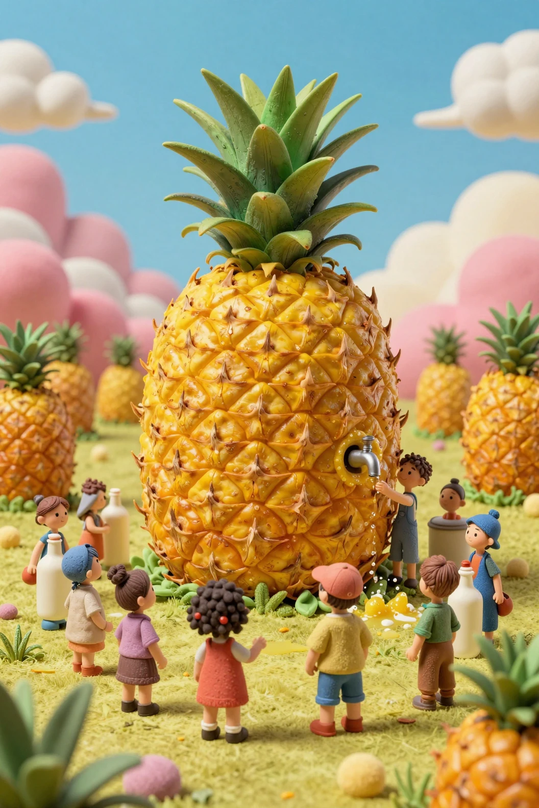 Knetfiguren-Kinder ernten eine riesige Ananas auf einem Feld