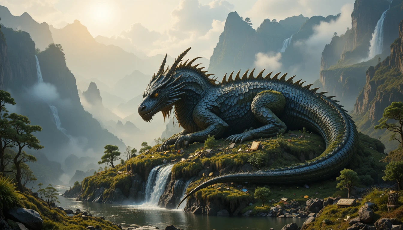 Antiguo dragón cubierto de musgo durmiendo sobre un tesoro en el valle