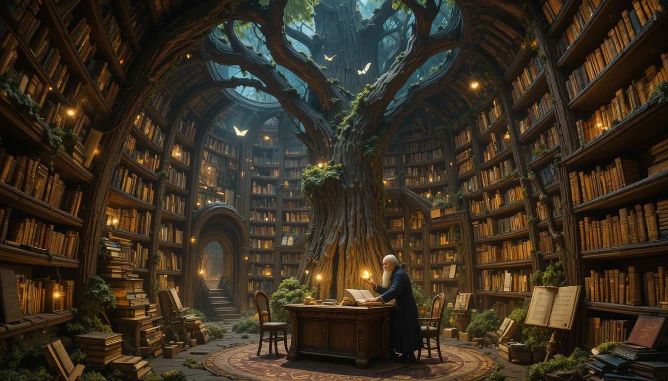 Ancienne bibliothécaire elfe dans une bibliothèque-arbre lumineuse