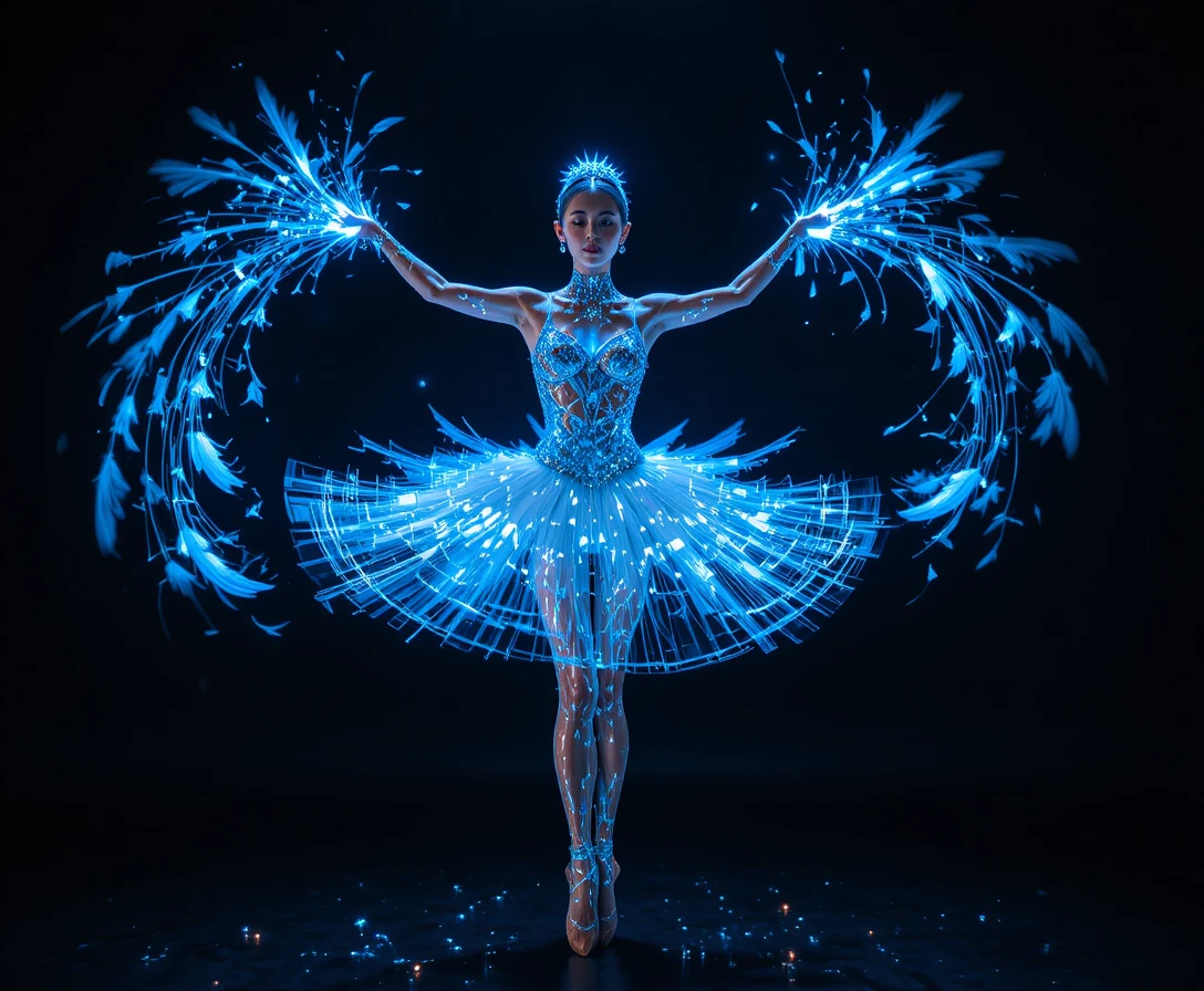 Ballerina-Pirouette mit leuchtenden Federn im dunklen Studio
