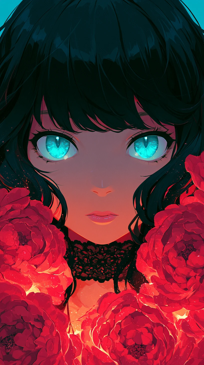 Anime girl portrait with cyan eyes and red flowers