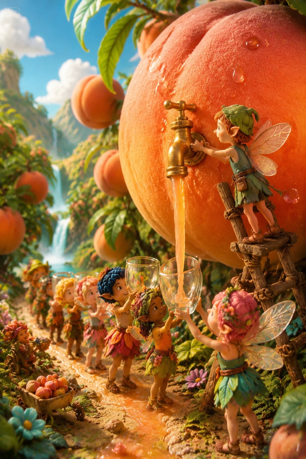Winzige Feen ernten riesige Pfirsiche in einer Knetanimationswelt