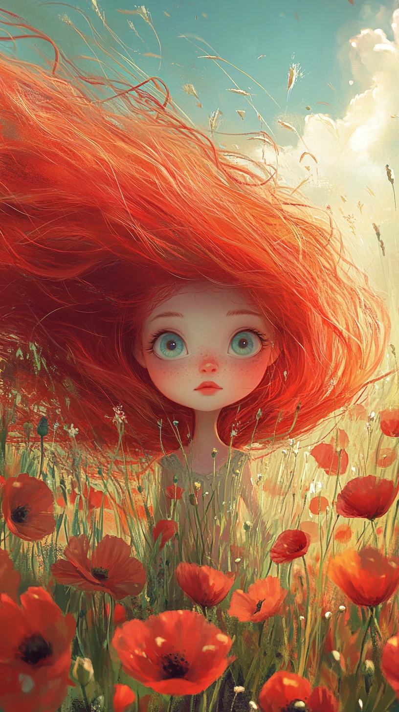 Garota ruiva sonhadora em campo de papoulas ao sol