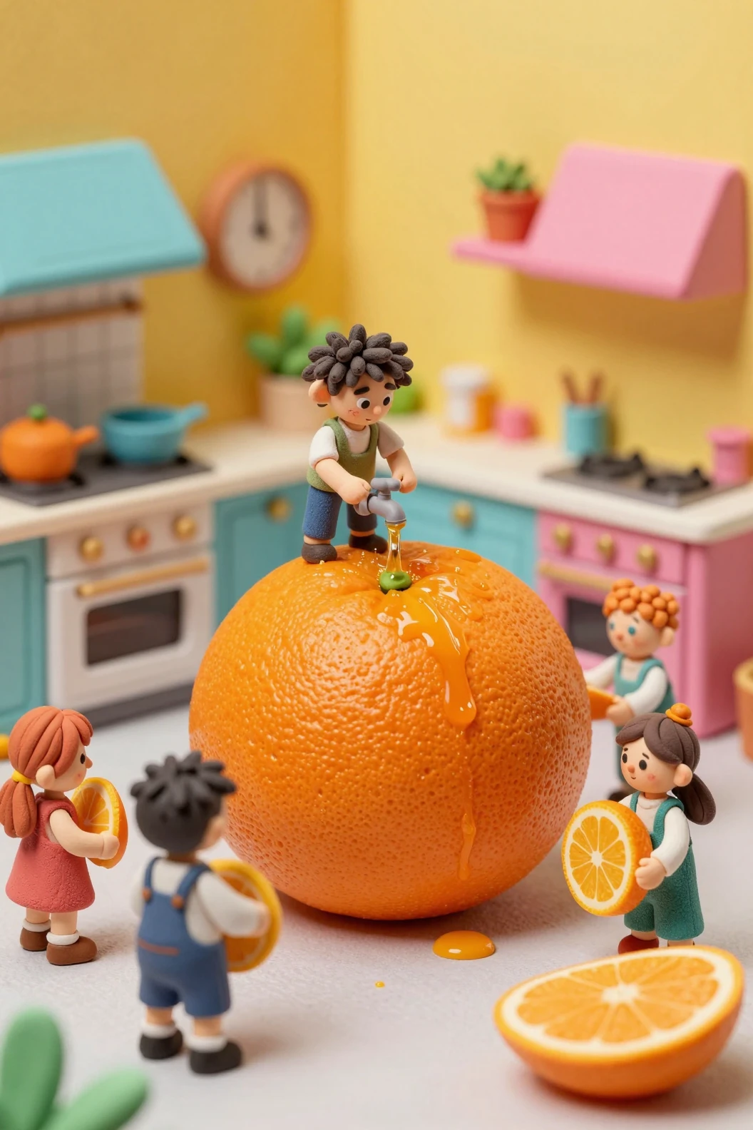 Kinder ernten eine riesige Orange in einer Ton-Küchenwelt