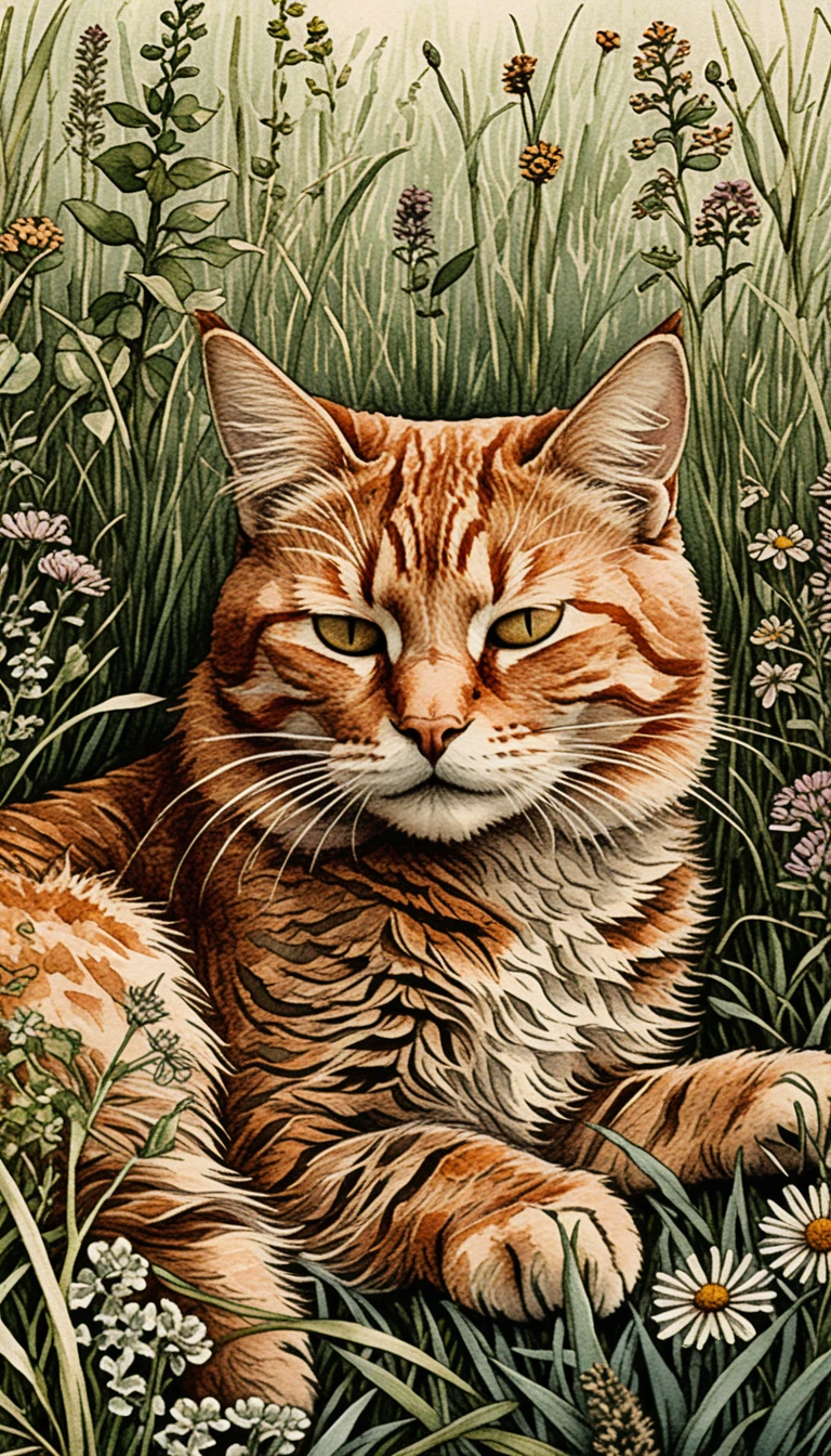 Zufriedene rothaarige Katze, die sich in einer Wiese mit Wildblumen ausruht – Illustration
