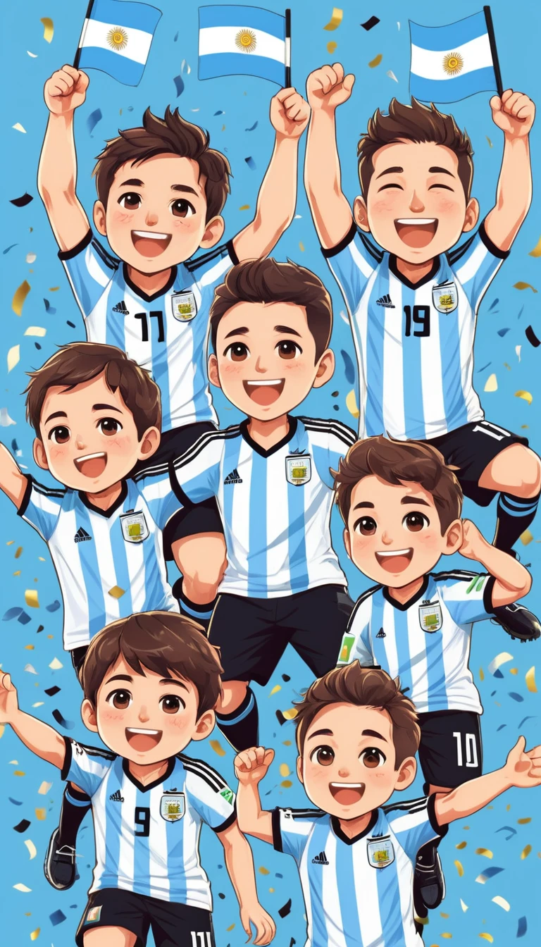 Süße Chibi-Fußballspieler Argentiniens feiern mit Flaggen