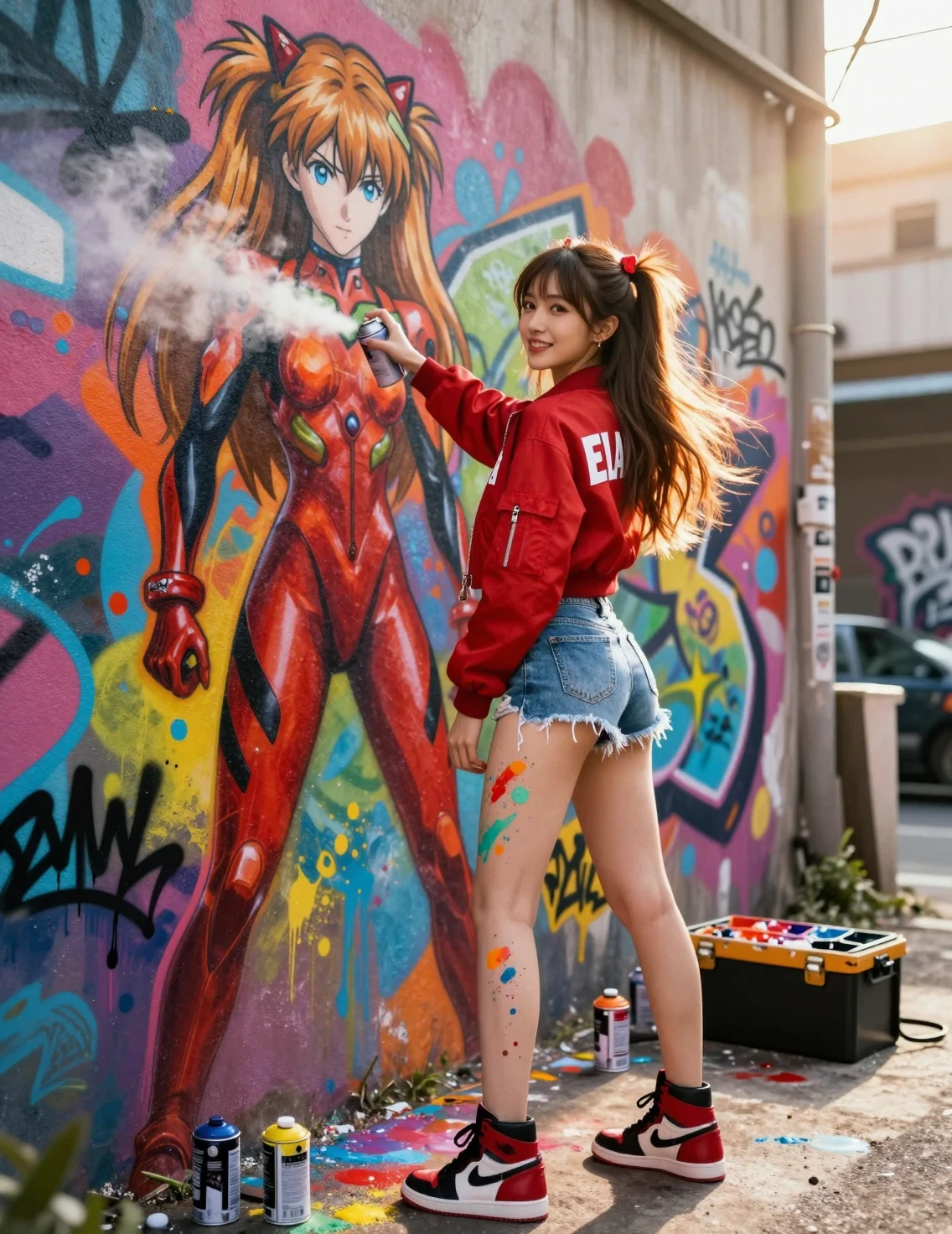 Artista de rua japonesa pintando mural de anime ao pôr do sol com spray