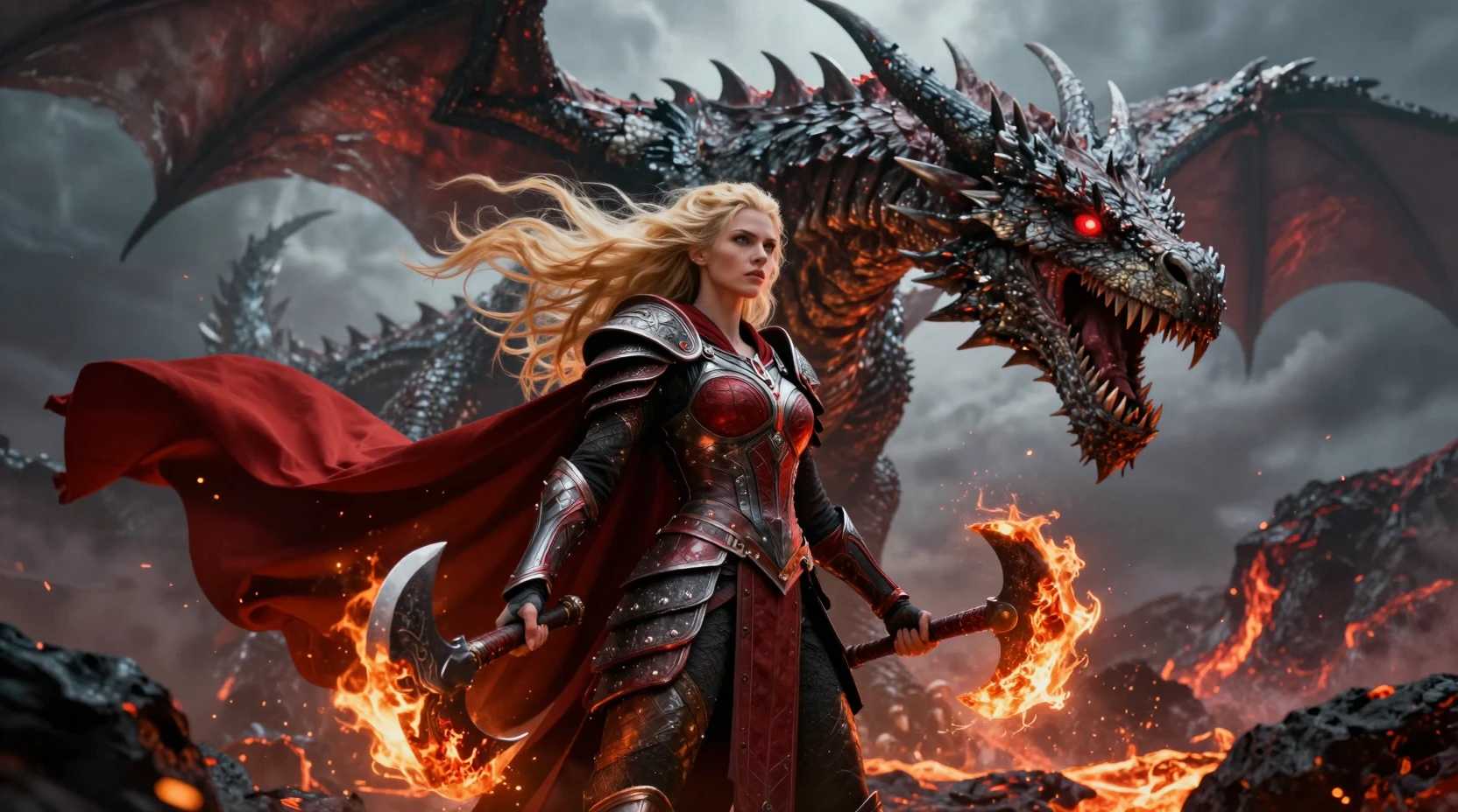 Guerriera valchiria di fronte a un drago colossale in un campo di battaglia di lava