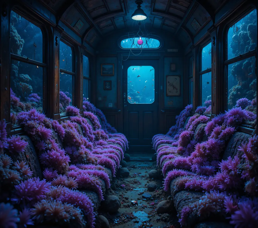 Unterwasser-Zugwaggon mit leuchtenden Anglerfischen und Seeanemonen